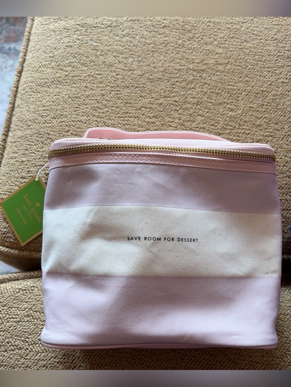 kate spade Pink and Cream Striped insulated lunch tote- "Save Room For Dessert"